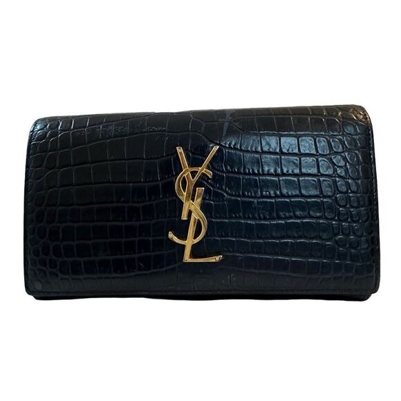YSL dark navy crocodile embroidered leather long wallet - Picture 2 of 16